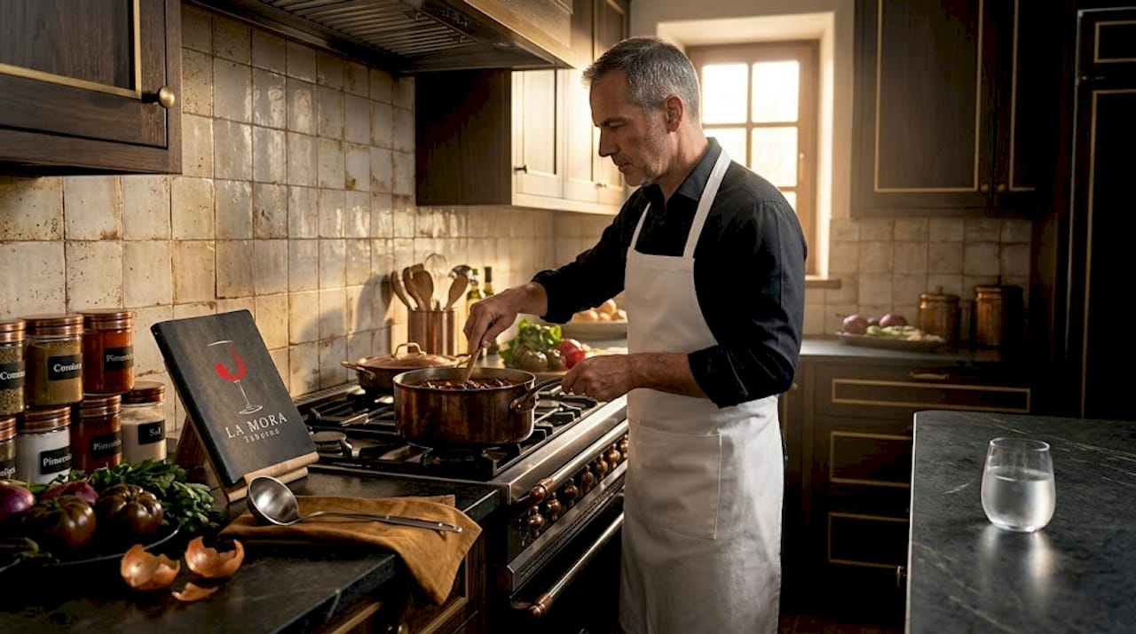 Cocinero elaborando platos de alta cocina en una cocina tradicional valenciana.
