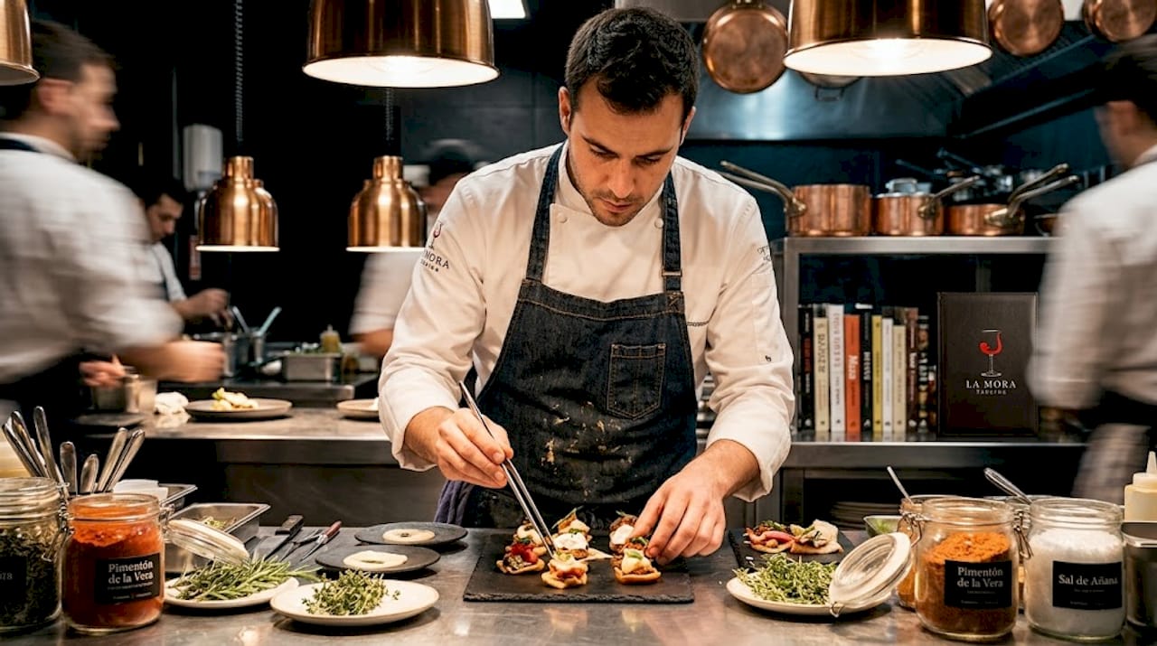 Cocinero elaborando tapas innovadoras en una cocina típica española