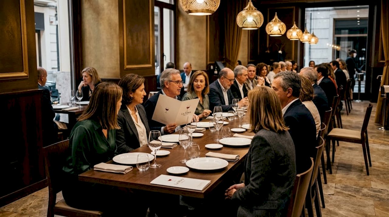 Un grupo de amigos disfruta de una cena en un restaurante de alta cocina en Valencia.