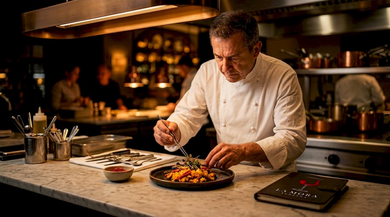 Un chef emplatando platos típicos españoles en la cocina de un restaurante.