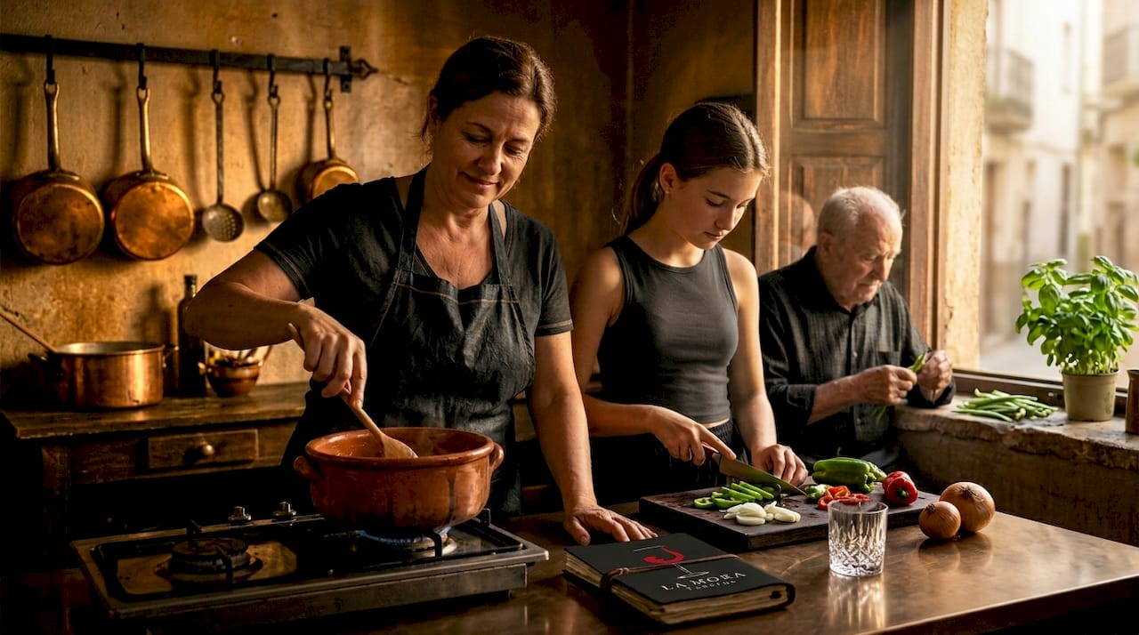Una familia reunida en la cocina de Valencia, disfrutando mientras elaboran juntos una receta de toda la vida.