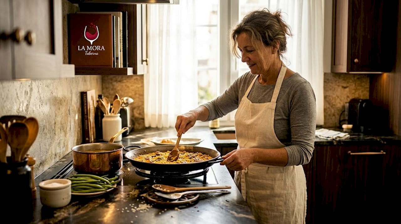 Una mujer cocina arroz en una típica cocina valenciana, cuidando cada detalle para que quede perfecto.