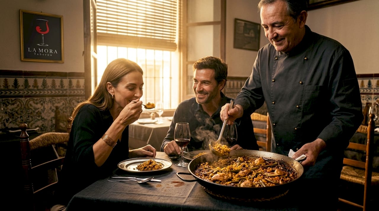 Un chef valenciano prepara una paella tradicional para los comensales en un acogedor restaurante de la ciudad.
