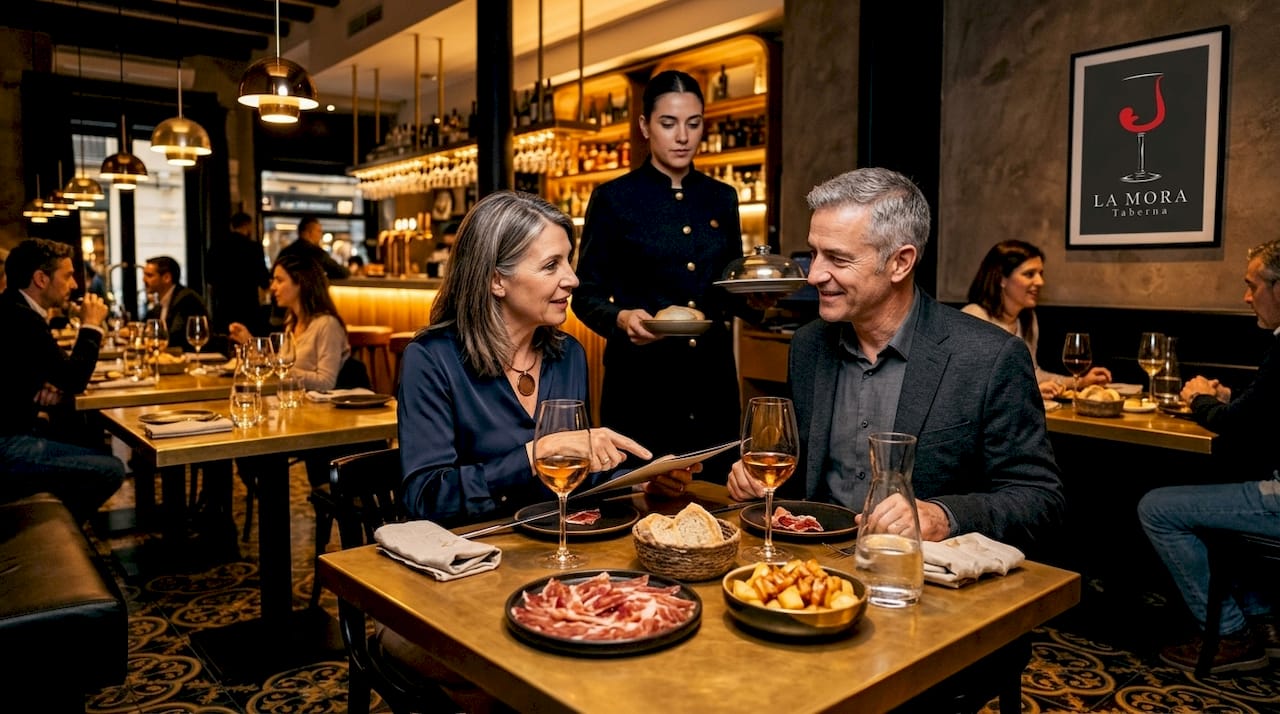 Una pareja hojea la carta y decide qué pedir en un restaurante valenciano lleno de ambiente.