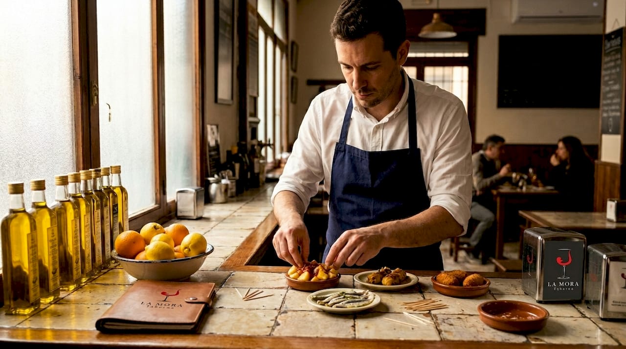 Un chef prepara y presenta una cuidada selección de tapas gourmet en la barra de un bar valenciano.