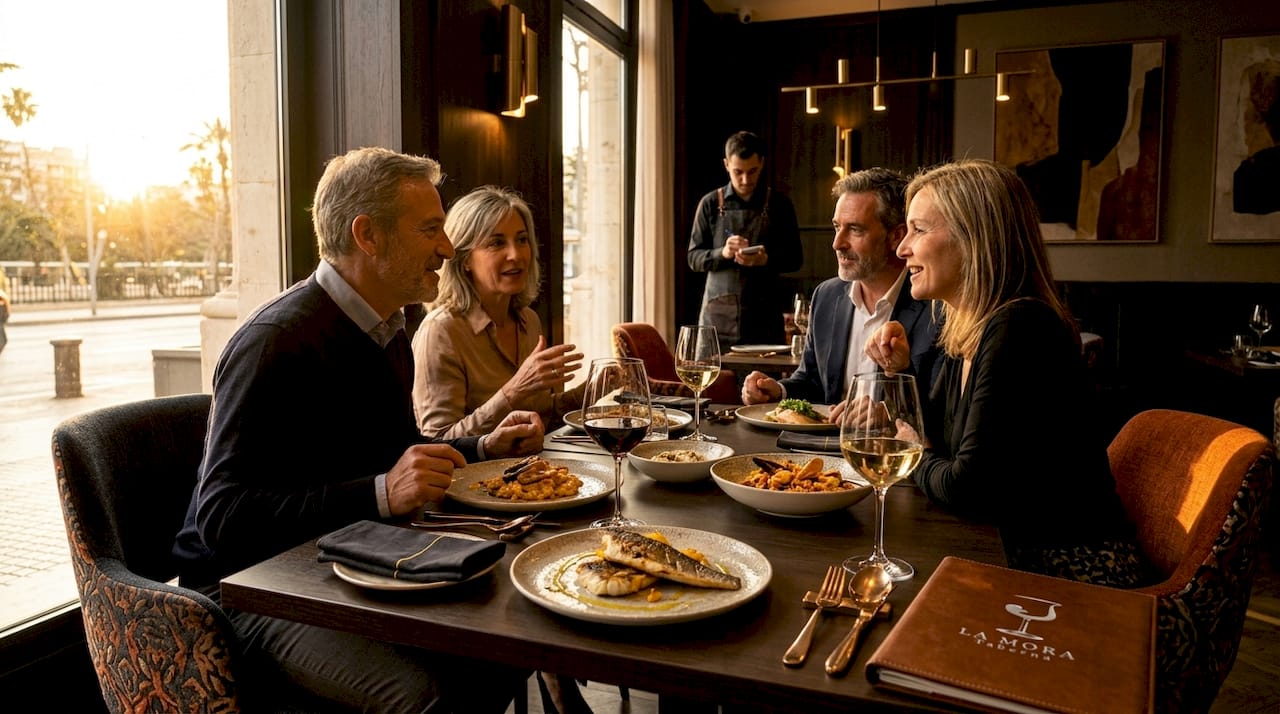 Un grupo de amigos comparte una cena exquisita en un restaurante de alta cocina.