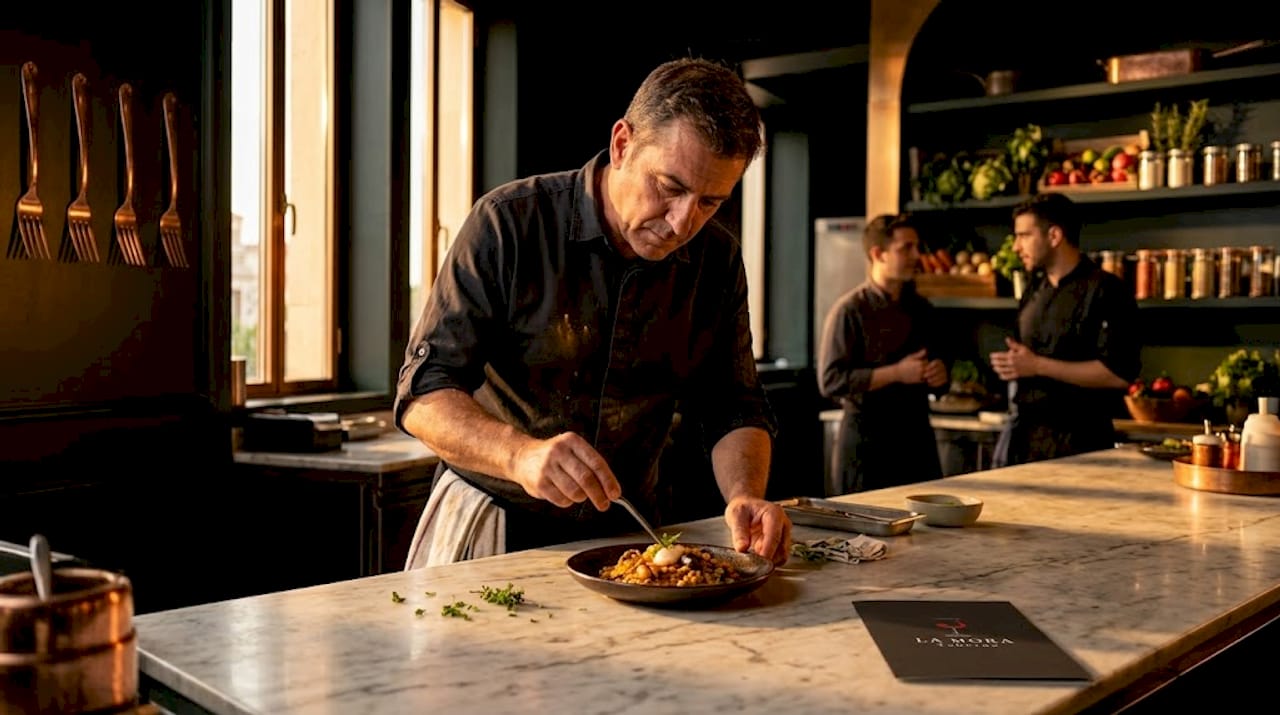 Un chef sirve una paella recién hecha en una cocina tradicional valenciana.
