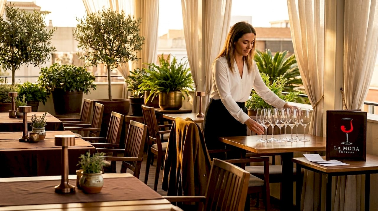 Una anfitriona prepara cuidadosamente la mesa en un restaurante de alta cocina.