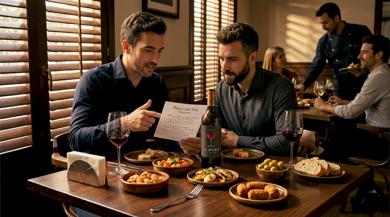 Un grupo de amigos compartiendo tapas y risas en un bar animado del centro de Valencia.